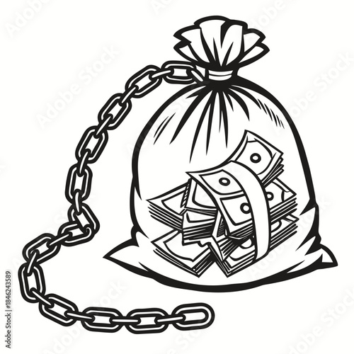 Heavy chain wrapped around transparent money bag filled with banknotes