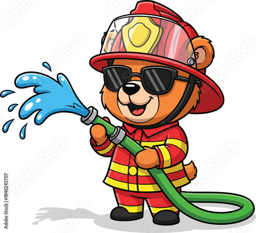 A cute cartoon teddy bear firefighter in a red uniform and helmet smiling while holding a water hose.