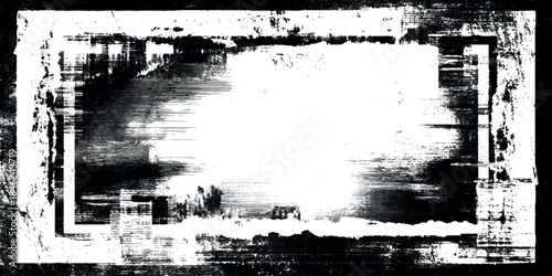Abstract black and white grunge border frame overlay with distressed scratches surrounding a transparent center.