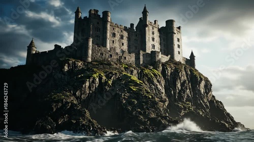 Coastal castle perched atop rocky cliffs overlooking stormy ocean
