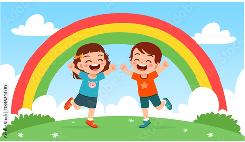 Happy East Asian children smiling and jumping excitedly under a vibrant rainbow in a grassy field