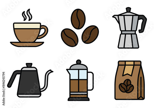 Coffee Brewing Methods and Equipment Icons Set; Cup, Beans, Moka Pot, Kettle, French Press, and Coffee Bag