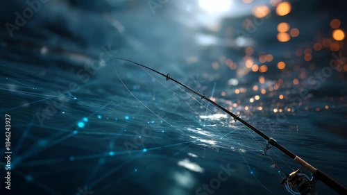 A fishing rod extends over calm water, illuminated by soft bokeh and futuristic digital lines. This image merges traditional fishing with innovative, high tech visual elements for a unique mood