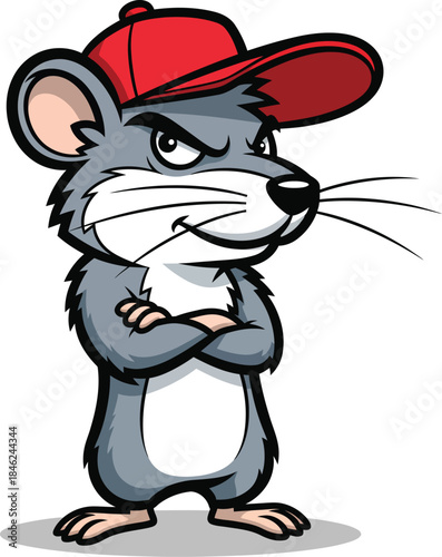 Cartoon gray mouse mascot with a tough attitude crossed arms and a backwards red cap.
