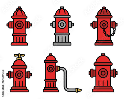 Collection of Red Fire Hydrants in Vector Art Style on White Background