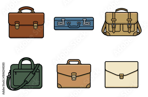 Collection of Six Colorful Briefcases and Bags Illustration with Black Outline on White Background