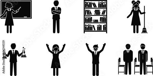 Education profession icon set illustration showing teacher, student, scientist, librarian, janitor, classroom activities, school staff silhouettes