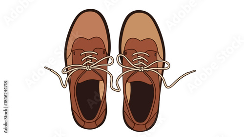 Top View of Brown Leather Oxford Shoes with Tied Laces on White Background