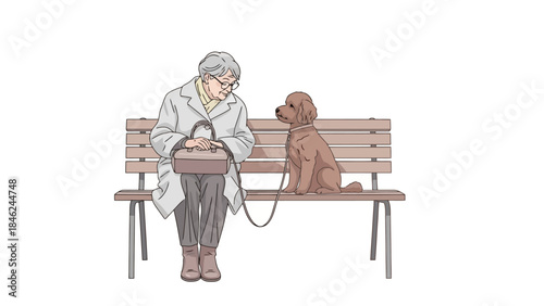 Elderly Woman and Dog Sitting on Park Bench in Casual Conversation