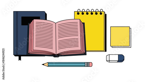 Illustration of Study Desk Supplies: Books, Notebook, Pencil, and Eraser