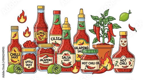 Vibrant Collection of Hot Sauce Bottles and Chili Pepper Plant Illustration