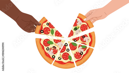 Hands Sharing Slices of Pepperoni Pizza, Representing Sharing and Togetherness