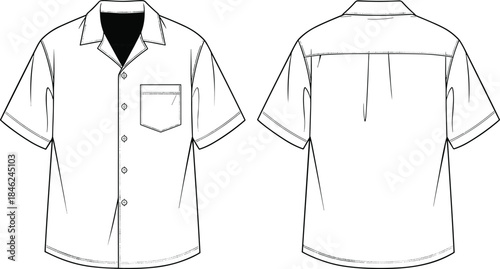 Men short sleeve button shirt technical flat CAD drawing, front back view vector illustration apparel fashion template outline design menswear