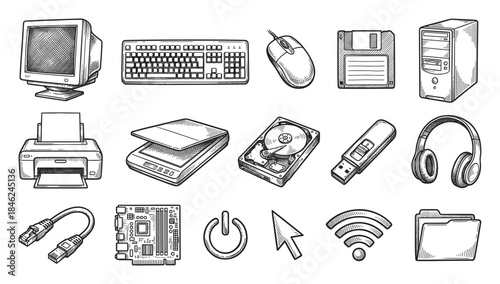 Computer Hardware Sketch Icons Collection, Monitor, Keyboard, Mouse, Floppy Disk, Tower, Printer, Scanner, Hard Drive