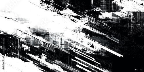 Black and White Glitch Distortion Texture with Grunge Noise Digital Artwork Features.