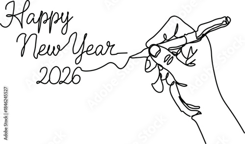 Continous line Happy new year hand holding pen drawing. Minimalist line art new year 2026. Happy new year Handwritten simple line .eps