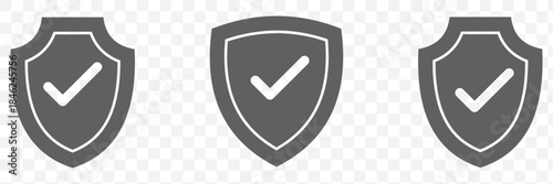 Three shield icons with checkmarks representing security safety and approval isolated on transparent background