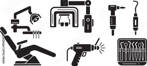 Dental and medical surgical tools and equipment icons