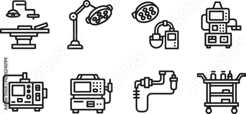 Medical equipment icons including hospital beds lamps and monitors