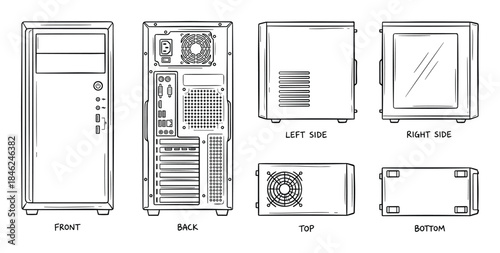 Detailed Computer Case Views Diagram Front, Back, Side, Top, and Bottom Perspective Technical Illustration