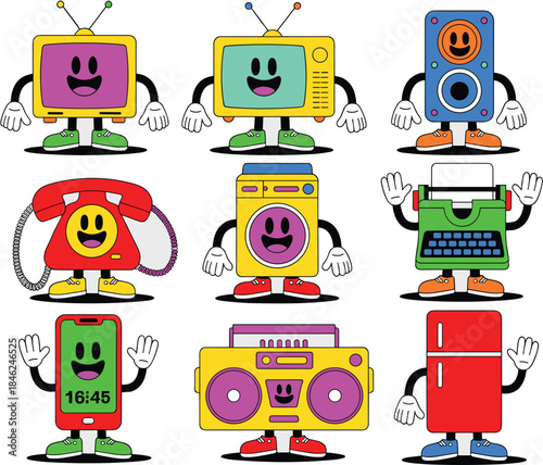 colorful cartoon vintage electronic devices with smiling faces and animated expressions including retro television, rotary phone, floppy disk, stereo, mobile phone, and refrigerator in playful style o