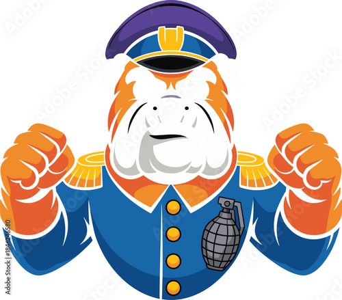 Cartoon bulldog dressed as a strict police officer with a fierce expression, clenched fists, navy uniform and badge, powerful stance on black background, humorous cartoon style, bold colors, mascot ch