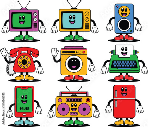 Colorful cartoon robot characters with various electronic devices including telephone computer smartwatch and boombox in playful friendly style for kids educational technology illustrations or enterta