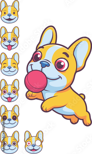 Adorable cartoon French Bulldog puppy with pink bubble gum cheerful expressive fun colorful playful happy young pet for kids baby cartoon character illustration design
