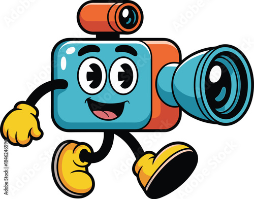 Cute cartoon camera character with expressive eyes smiling and walking in lively pose, vibrant colors, playful style, digital illustration, suitable for technology, social media, advertising, logos, b