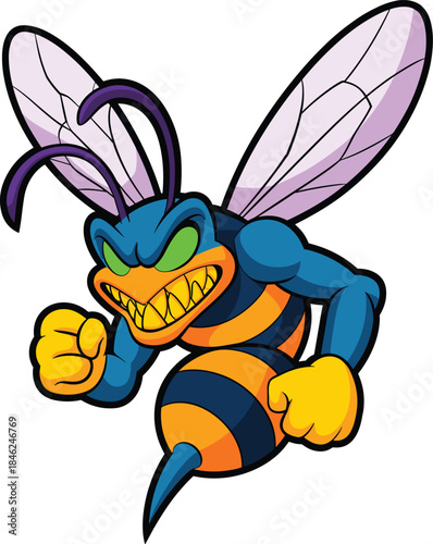 Colorful aggressive cartoon bee character with angry facial expression and fierce stance, illustrated in vibrant digital style, featuring detailed wings, bold colors, and sharp lines, suitable for chi