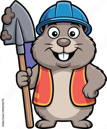 Cute animated construction worker hamster mascot character wearing a safety vest and blue helmet holding a shovel in a cartoon style illustrating industry workers safety and teamwork for construction