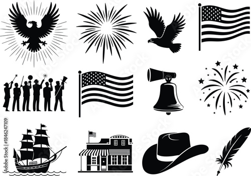 American patriotic icons vector set, bald eagle fireworks USA flag liberty bell vintage symbols independence celebration black white illustration