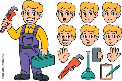 Colorful cartoon mechanic character holding wrench and toolbox with diverse facial expressions and extra tools for automotive repair service, maintenance, fixing, industrial, repair industry, cheerful
