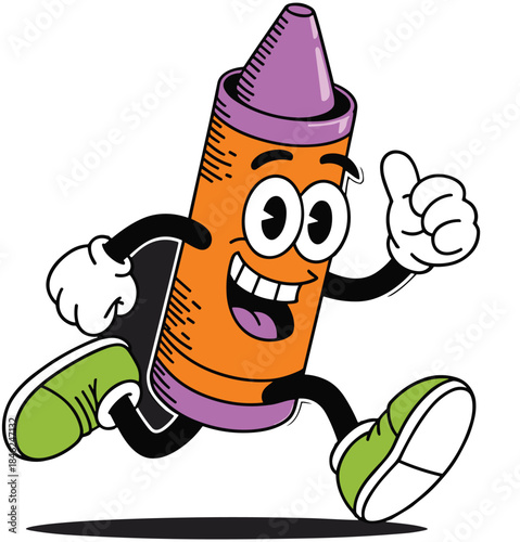 Cartoon kid's crayon character running happily, cheerful animated arts illustration on dark background, playful childlike design for education, kids' books, creativity, fun, colorful, energetic, moder