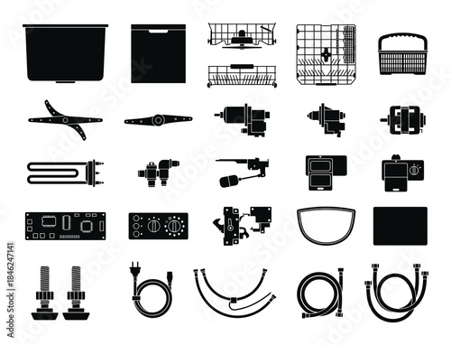 Dishwasher Spare Parts Black and White Detailed Vector Illustration