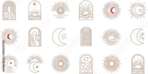 Bohemian sun. Abstract boho suns and arc windows, sunburst. Bohemian minimalist line sunrise and sunset in water of sea waves. Vector mystic outline icons and logo