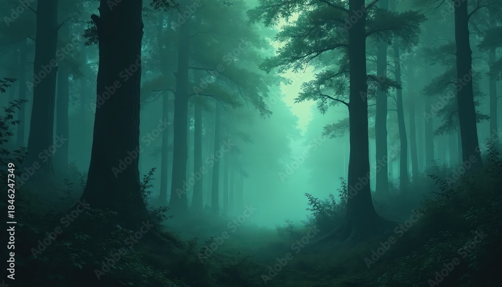 Naklejka premium Misty evergreen woods line a path. Tall trees stand in thick fog. Lush green undergrowth carpets the ground. Light filters through the dense canopy.