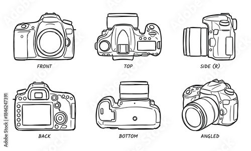 DSLR Camera Outline Views: Front, Top, Side, Back, Bottom, Angled Sketch in Black and White
