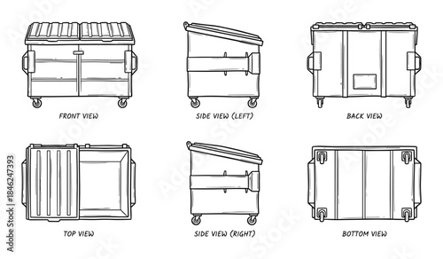 Dumpster 6 Views Black and White Illustration Dumpster front, side, back, top, side, bottom views