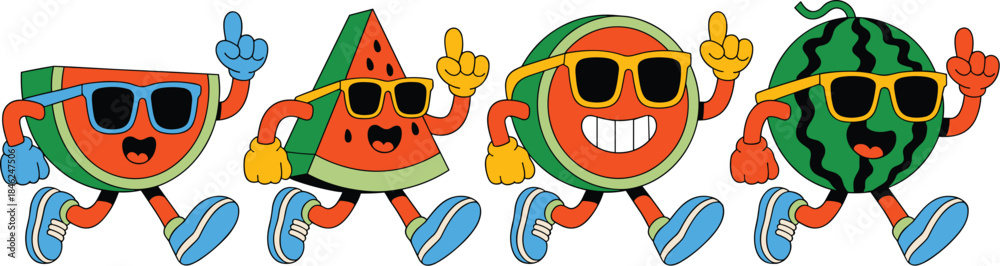 Obraz premium Colorful cartoon fruit characters wearing sunglasses and running together in a playful scene, vibrant summer mood, cheerful and energetic atmosphere, suitable for kids' entertainment, summer campaigns