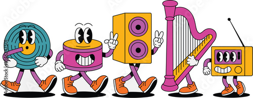 Colorful cartoon musical characters including a cable, drum, speaker, harp, and radio designed for kids, playful illustration of musical instruments in a fun, vibrant, and animated style suitable for