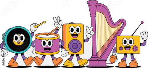 Colorful cartoon musical band featuring animated percussion instruments, a harp, and a vintage radio in a cheerful modern style, perfect for children's entertainment, educational content, playful mark
