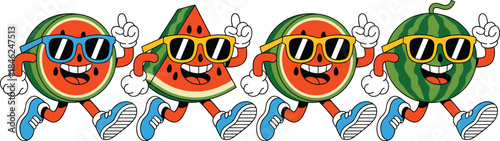 Playful animated fruit characters wearing stylish sunglasses running together in vibrant summer setting, cheerful mood, cartoon style, fun, lively, youthful, energetic, colorful composition, entertain