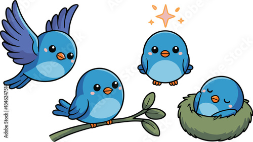 Cute cartoon blue birds in various poses and activities on a branch and nest, playful and adorable avian characters, colorful and whimsical illustration perfect for children's books, animations, educa