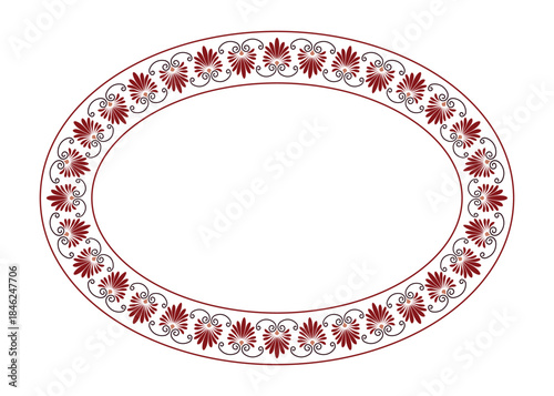 Oval decorative frame with floral Greek pattern. Plate with floral elements. Egyptian pattern. Ancient Greece, Roman Empire. Pattern frame for ceramics, textiles, plate, embroidery, laser cutting