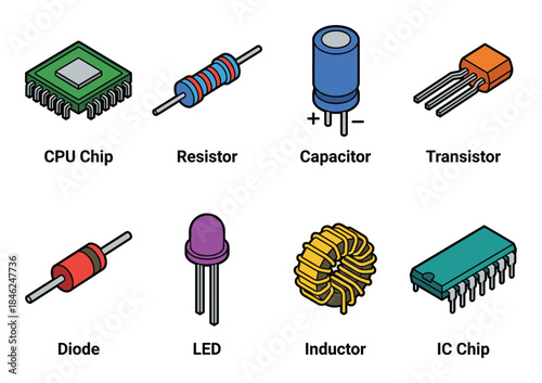 Electronic Components Illustration CPU, Resistor, Capacitor, Transistor, Diode, LED, Inductor and IC Chip