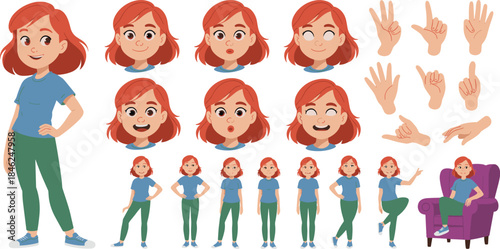 friendly red-haired cartoon girl exhibiting diverse facial expressions and gestures demonstrating emotions, poses, body language, sitting on purple armchair, in casual blue t-shirt and green pants, fo