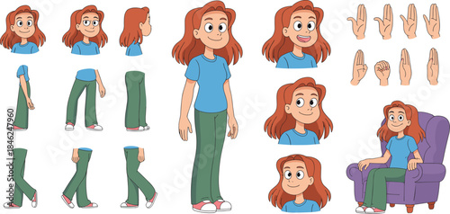Cartoon Female Character with Red Hair Wearing Blue T-Shirt and Green Pants Showing Various Poses Facial Expressions Gestures Sitting Relaxed Confident in Casual Clothing Modern Digital Illustration f
