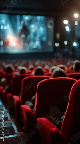 Audience sitting in cinema and watching movie on big screen, vertical photo