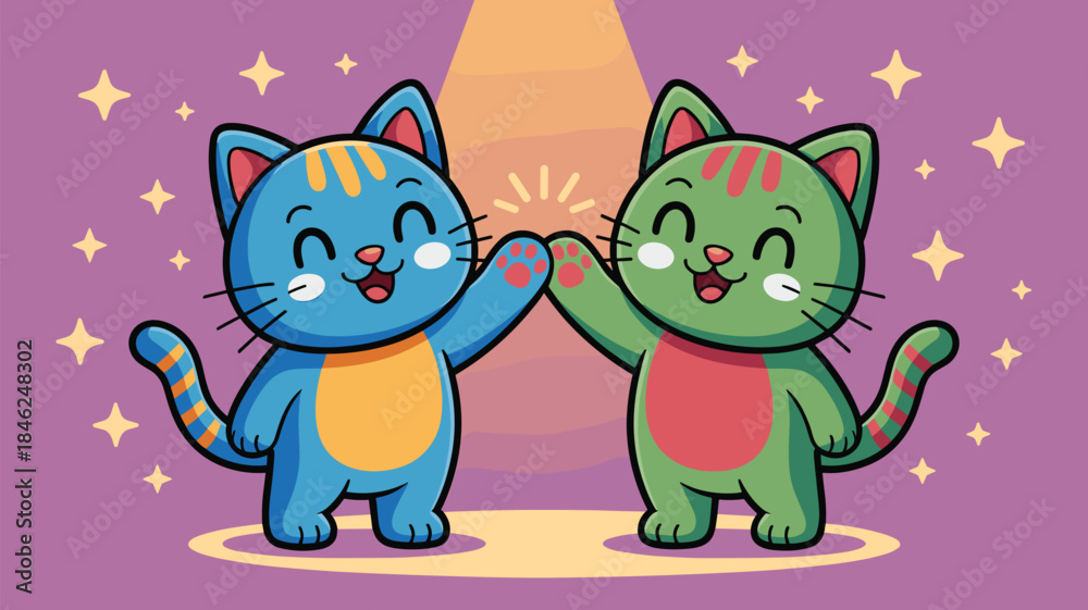Fototapeta premium Adorable colorful cartoon cats giving high five in cheerful celebration with stars in background, playful illustrated characters for kids, family, friendship, happiness, cute animals, joyful moment, v